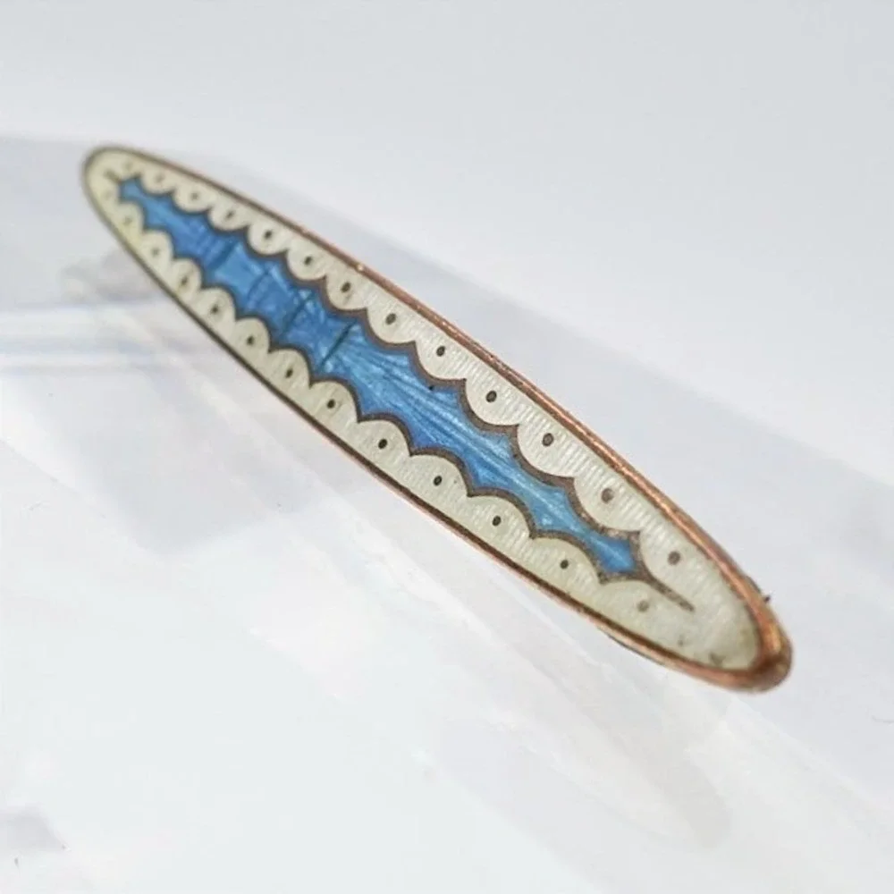 Antique Victorian Guilloche Enamel Bar Pin Blue White Brass Brooch Edwardian
